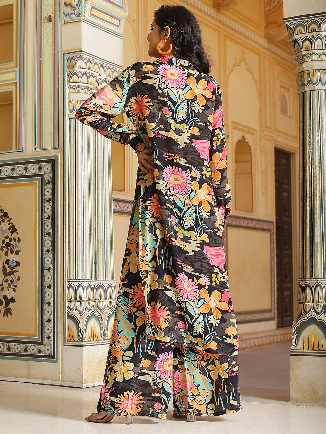 Black Floral Print Button Down Kurta With Pant - Elganza