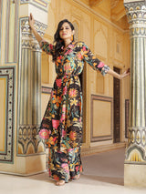 Black Floral Print Button Down Kurta With Pant - Elganza