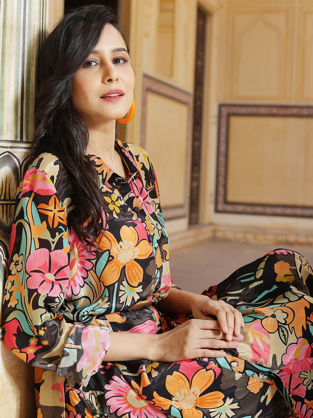 Black Floral Print Button Down Kurta With Pant - Elganza
