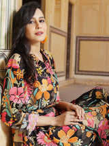 Black Floral Print Button Down Kurta With Pant - Elganza