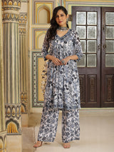 White Floral Print Kurta With Palazzo - Elganza