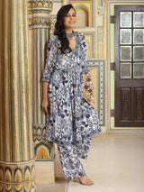 White Floral Print Kurta With Palazzo - Elganza