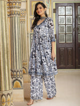 White Floral Print Kurta With Palazzo - Elganza