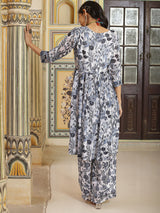 White Floral Print Kurta With Palazzo - Elganza