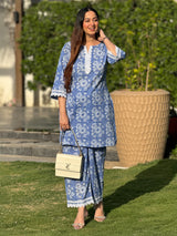 Blue Pure Cotton Floral Printed Straight Co-ord Set