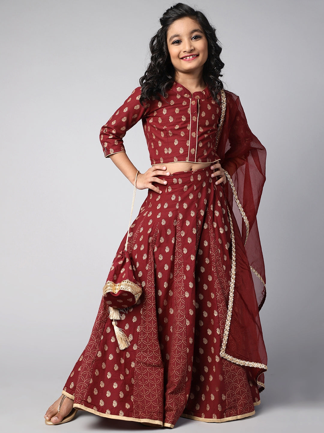 Maroon Gold Printed Lehenga Choli dupatta With Potli Bag - Elganza