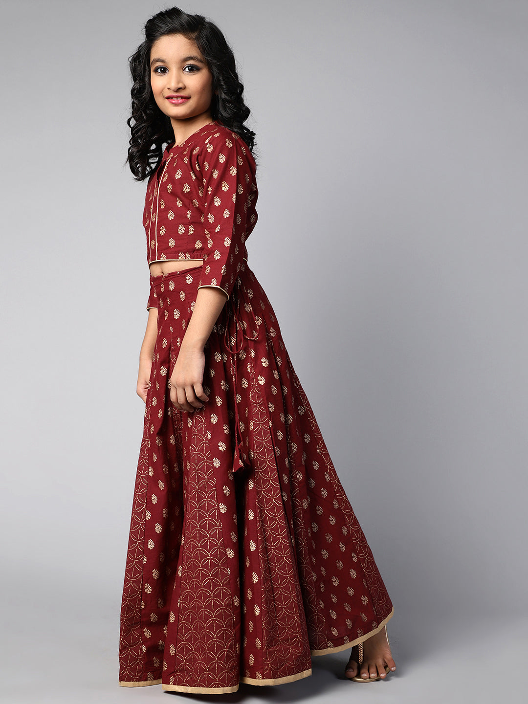 Maroon Gold Printed Lehenga Choli dupatta With Potli Bag - Elganza