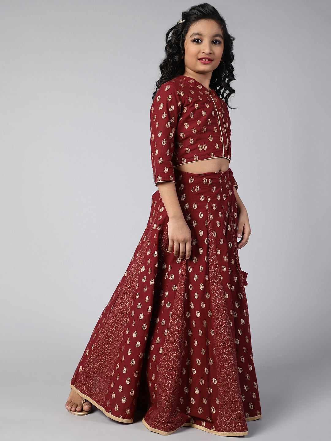 Maroon Gold Printed Lehenga Choli dupatta With Potli Bag - Elganza