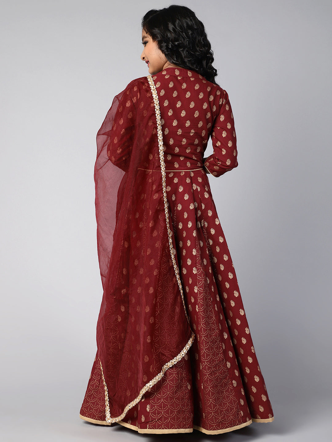 Maroon Gold Printed Lehenga Choli dupatta With Potli Bag - Elganza