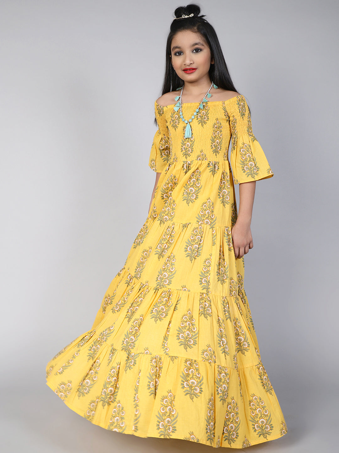 Yellow Floral Print Tiered Maxi Dress