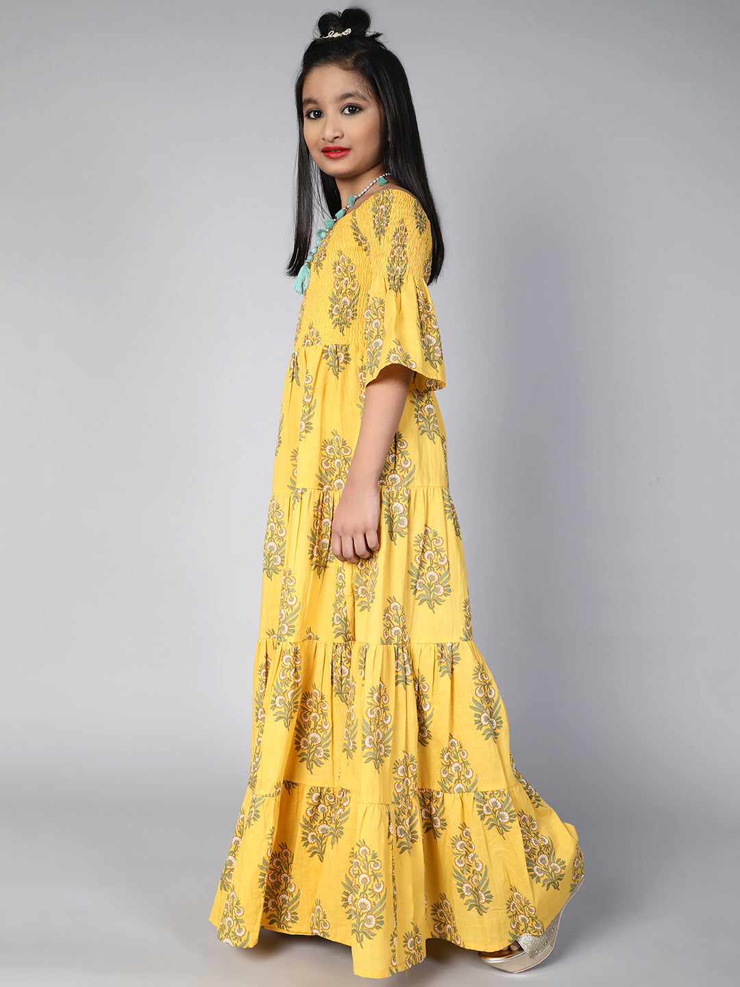 Yellow Floral Print Tiered Maxi Dress