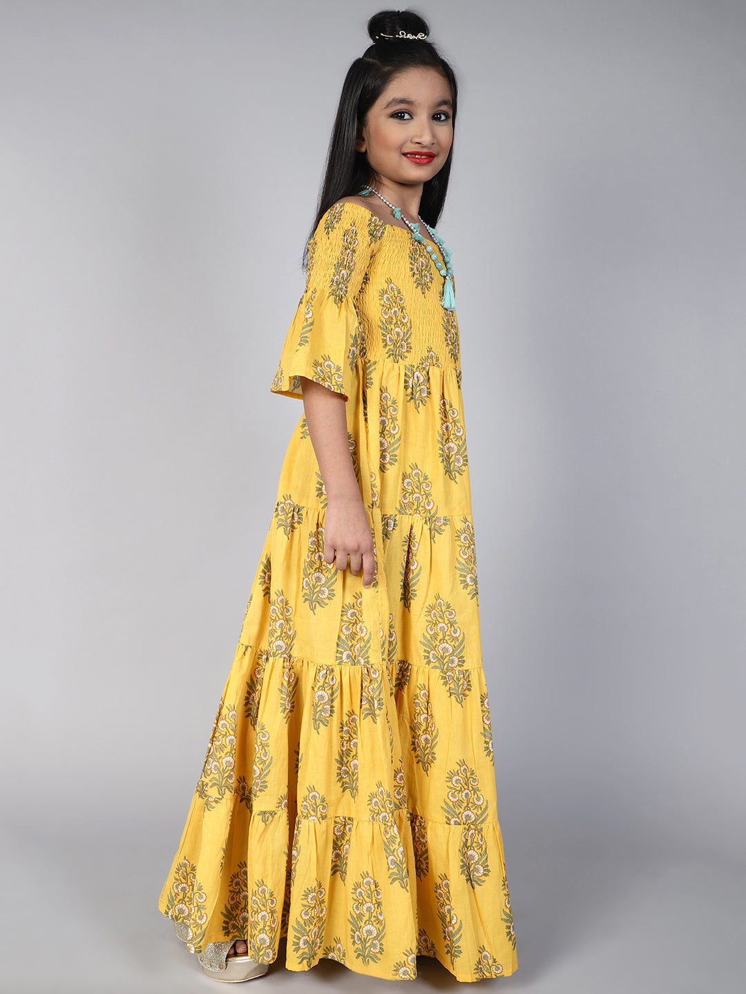Yellow Floral Print Tiered Maxi Dress