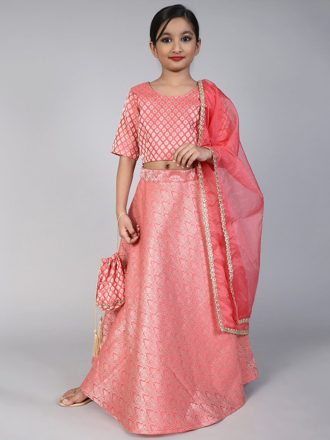Peach Brocade Lehenga Choli With Dupatta & Potli Bag