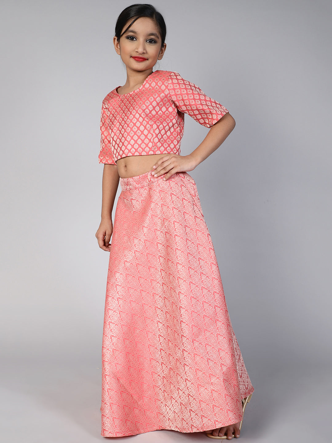 Peach Brocade Lehenga Choli With Dupatta & Potli Bag