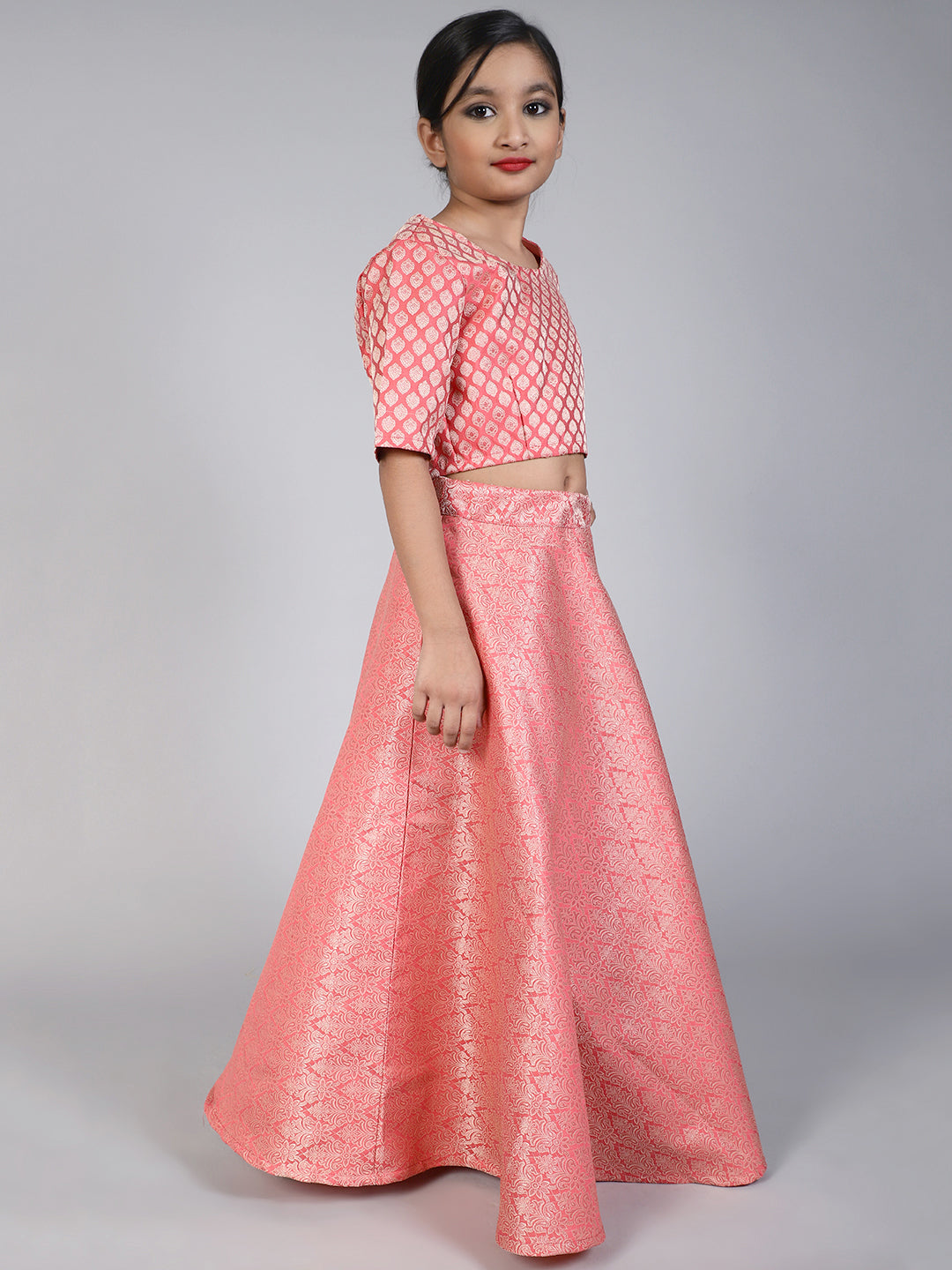 Peach Brocade Lehenga Choli With Dupatta & Potli Bag