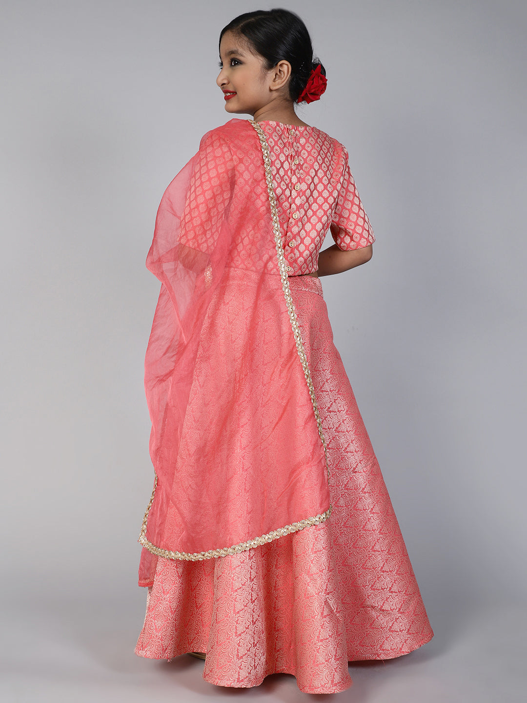 Peach Brocade Lehenga Choli With Dupatta & Potli Bag