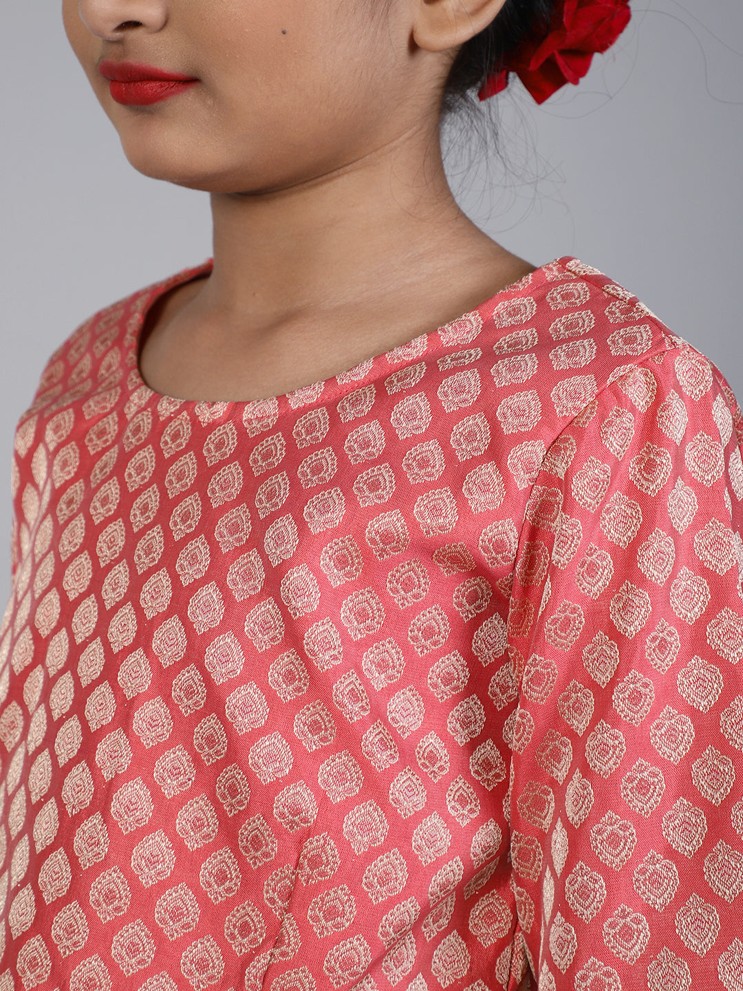 Peach Brocade Lehenga Choli With Dupatta & Potli Bag