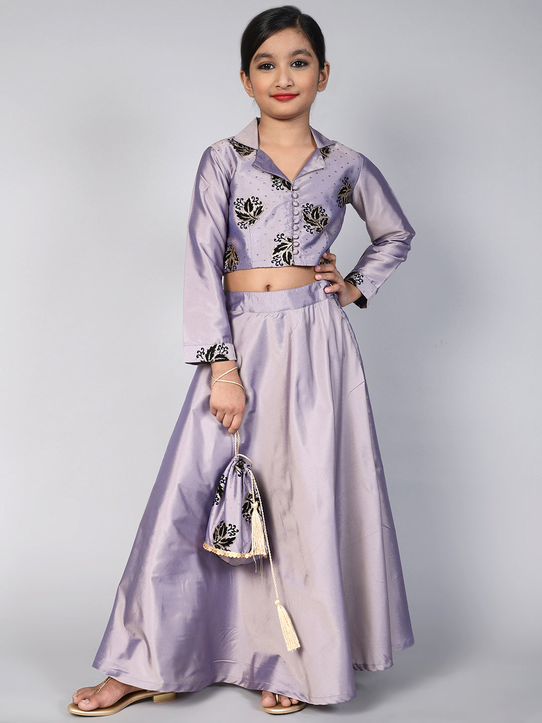 Lavender Flock Printed Lehenga Choli With Potli bag - Elganza