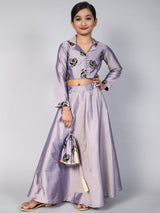 Lavender Flock Printed Lehenga Choli With Potli bag - Elganza