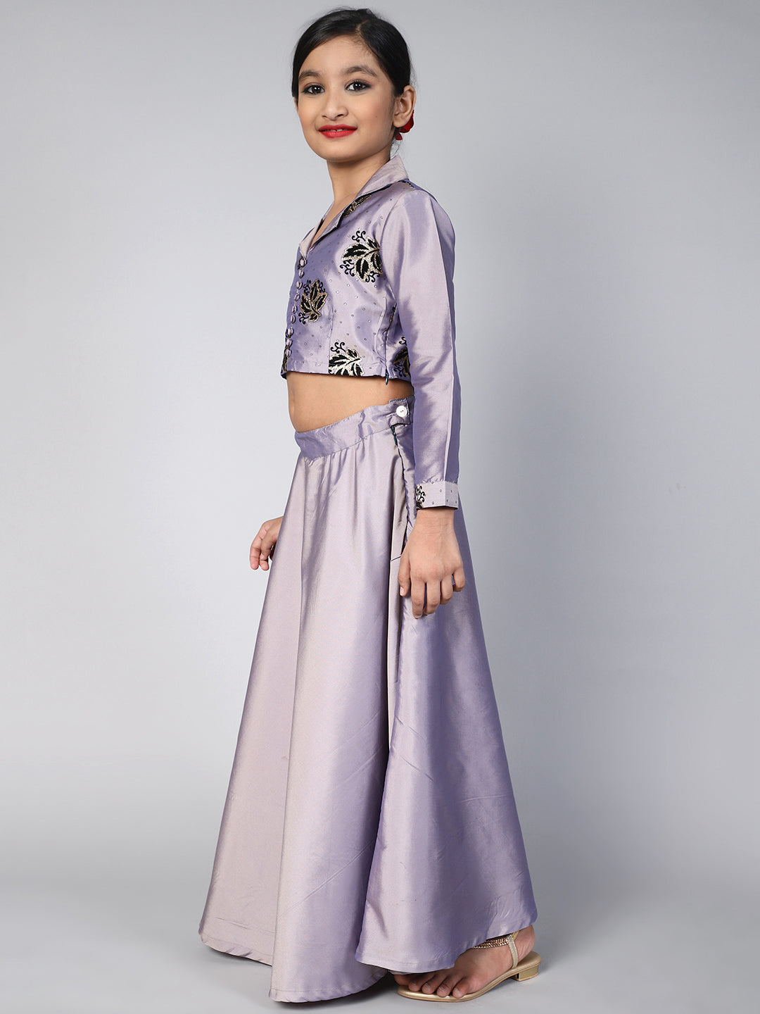 Lavender Flock Printed Lehenga Choli With Potli bag - Elganza