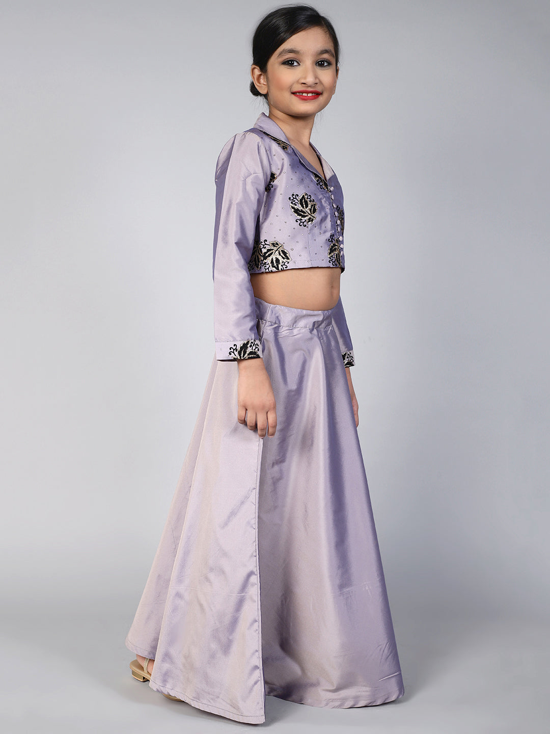 Lavender Flock Printed Lehenga Choli With Potli bag - Elganza