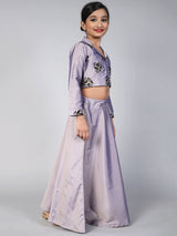 Lavender Flock Printed Lehenga Choli With Potli bag - Elganza