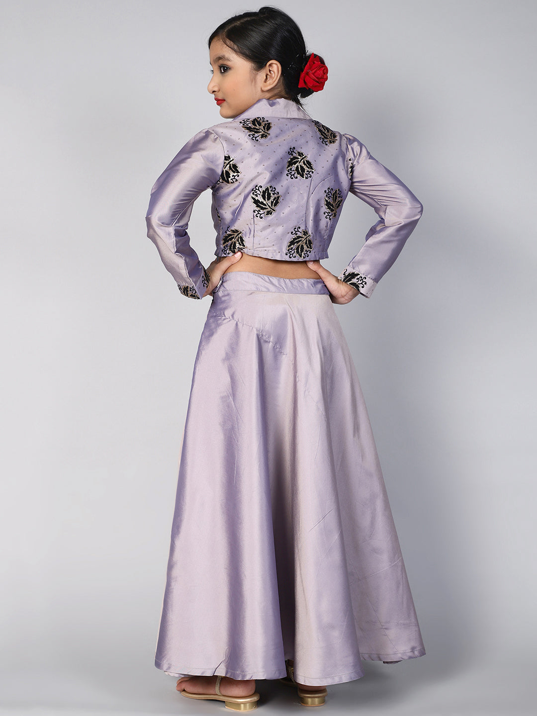Lavender Flock Printed Lehenga Choli With Potli bag - Elganza