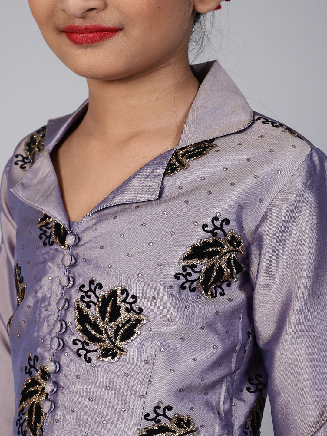 Lavender Flock Printed Lehenga Choli With Potli bag - Elganza