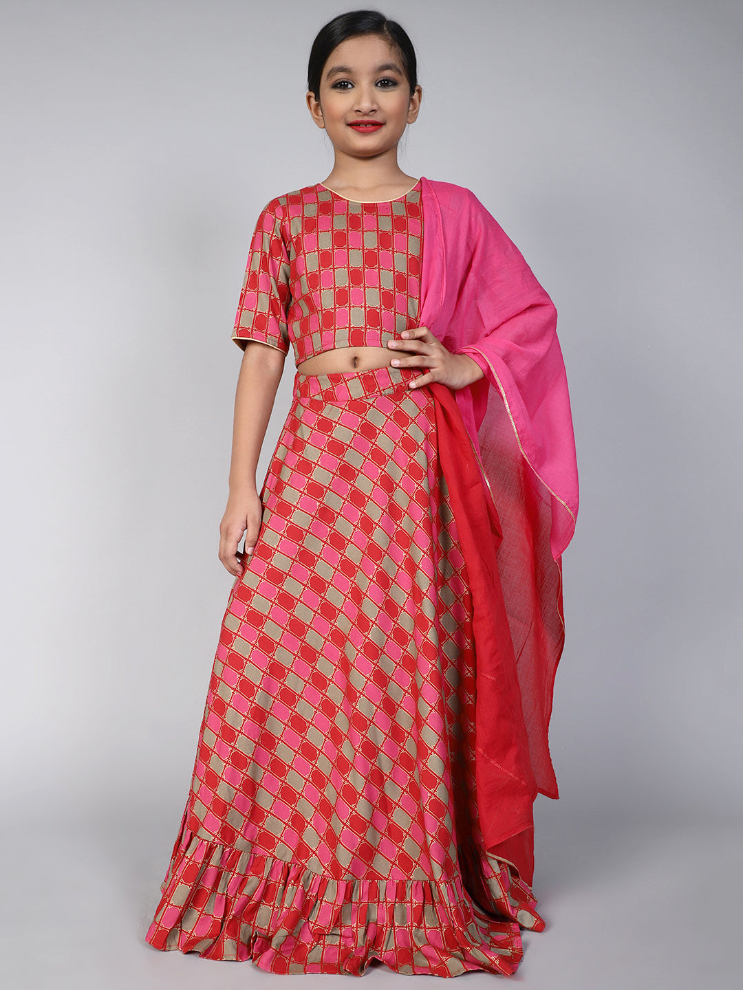Red Printed Lehenga Choli With Dupatta
