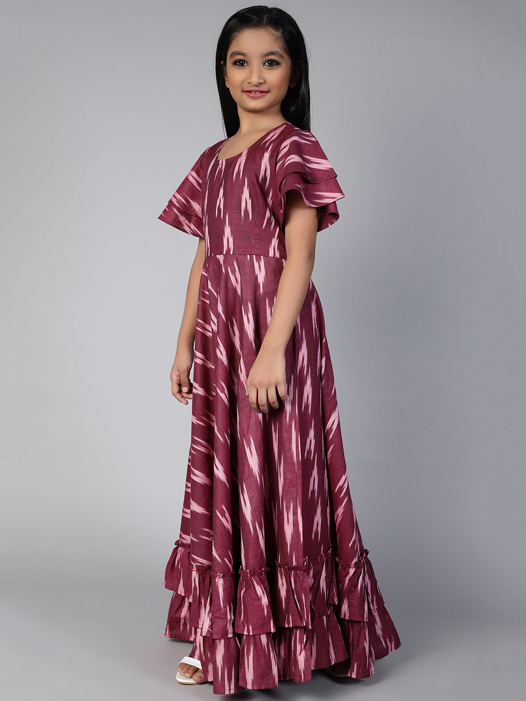 Burgundy Ikat Designed Flared Dress