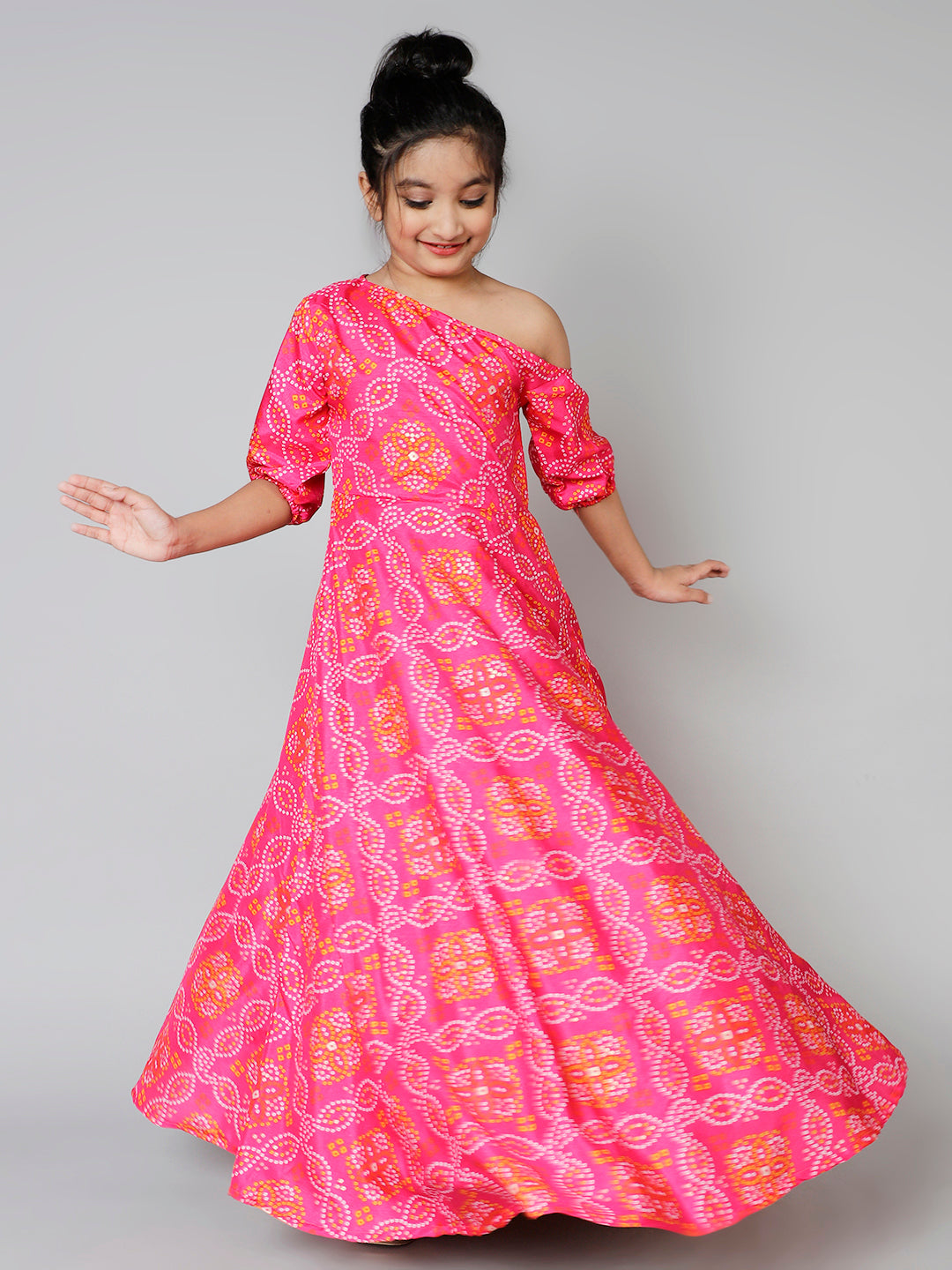 Pink Gold Bandhani Print Maxi Dress - Elganza