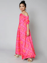 Pink Gold Bandhani Print Maxi Dress - Elganza