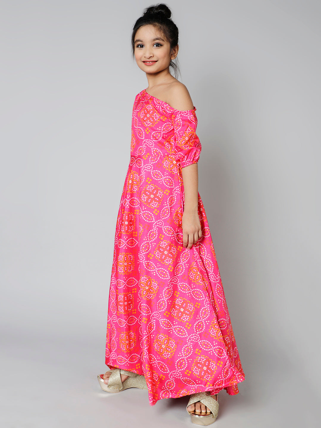 Pink Gold Bandhani Print Maxi Dress - Elganza