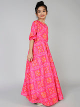 Pink Gold Bandhani Print Maxi Dress - Elganza