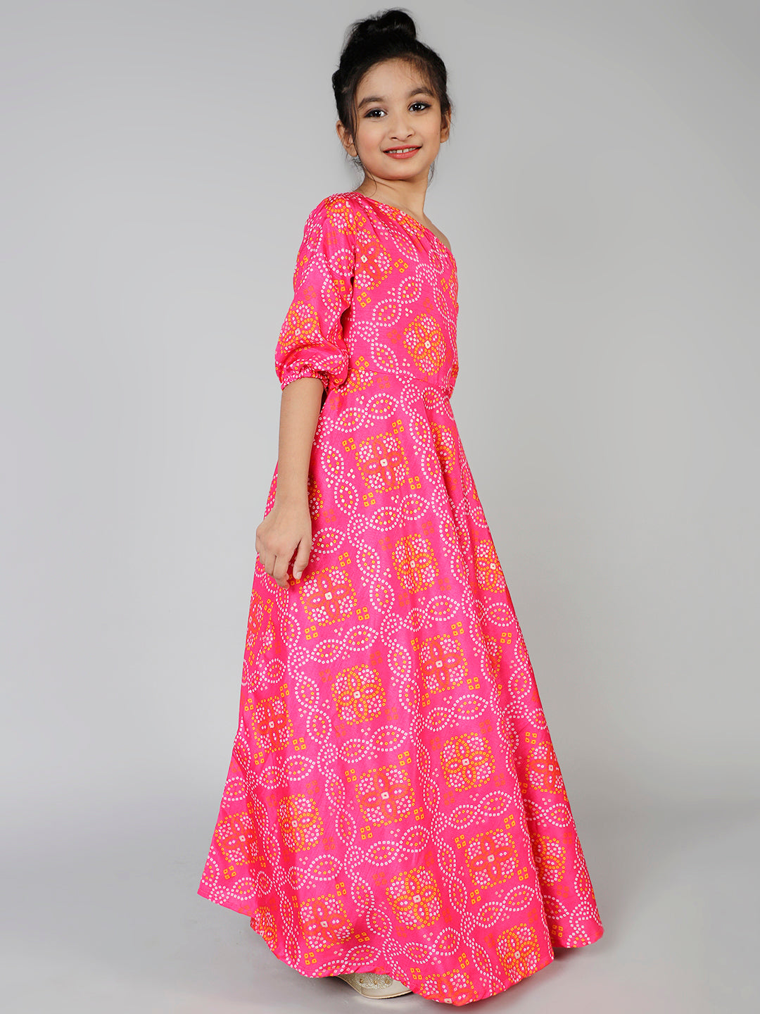 Pink Gold Bandhani Print Maxi Dress - Elganza