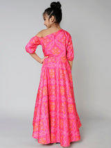 Pink Gold Bandhani Print Maxi Dress - Elganza