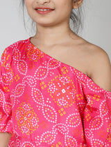 Pink Gold Bandhani Print Maxi Dress - Elganza