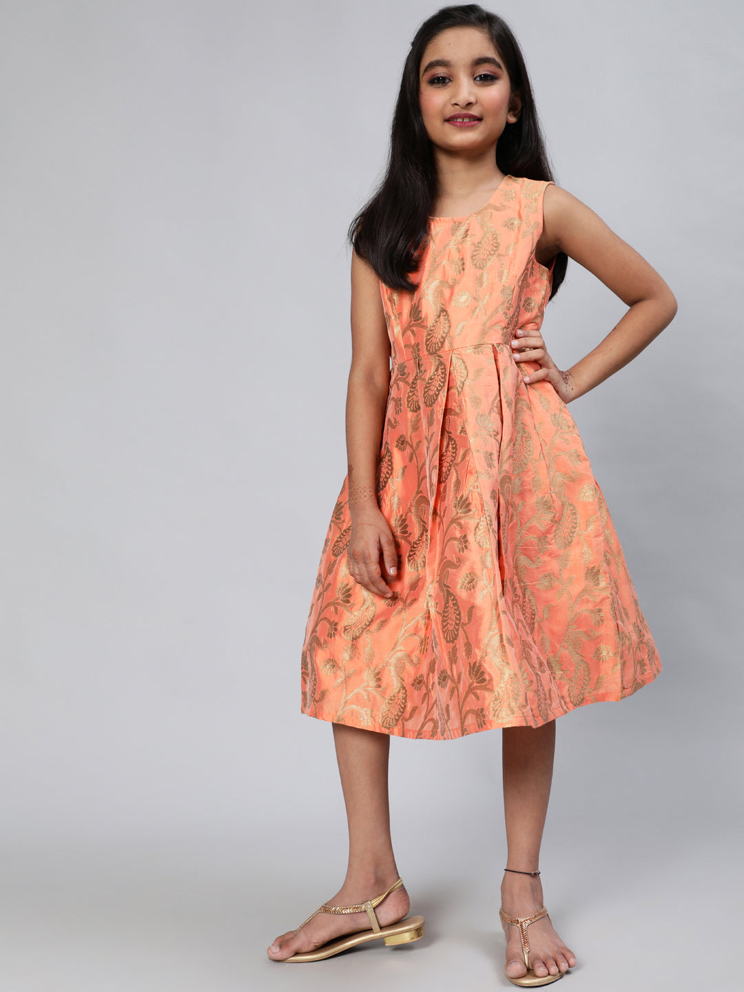 Peach Brocade Pleated Dress - Elganza