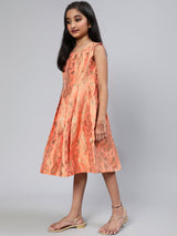 Peach Brocade Pleated Dress - Elganza