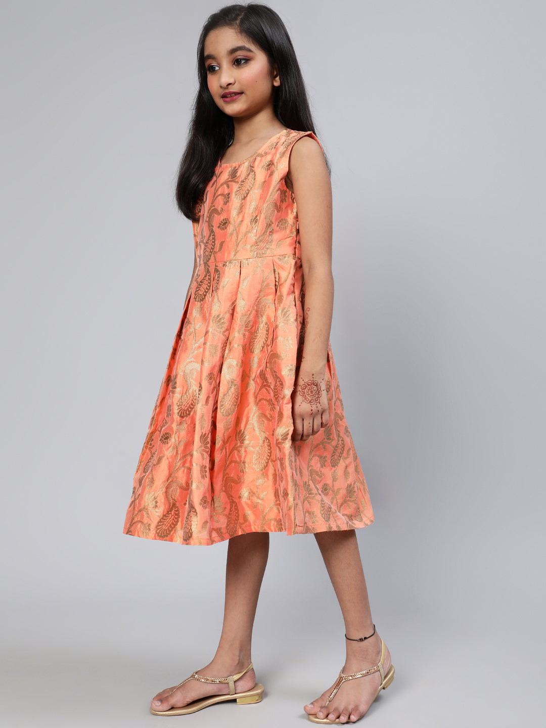 Peach Brocade Pleated Dress - Elganza