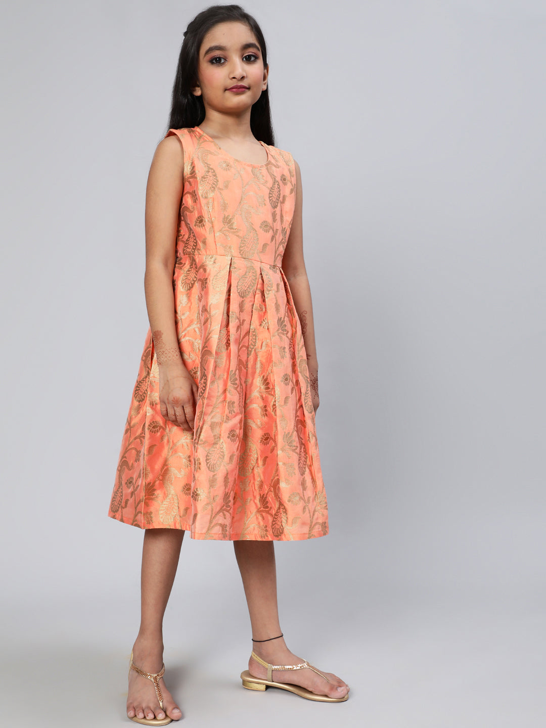 Peach Brocade Pleated Dress - Elganza