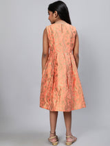 Peach Brocade Pleated Dress - Elganza