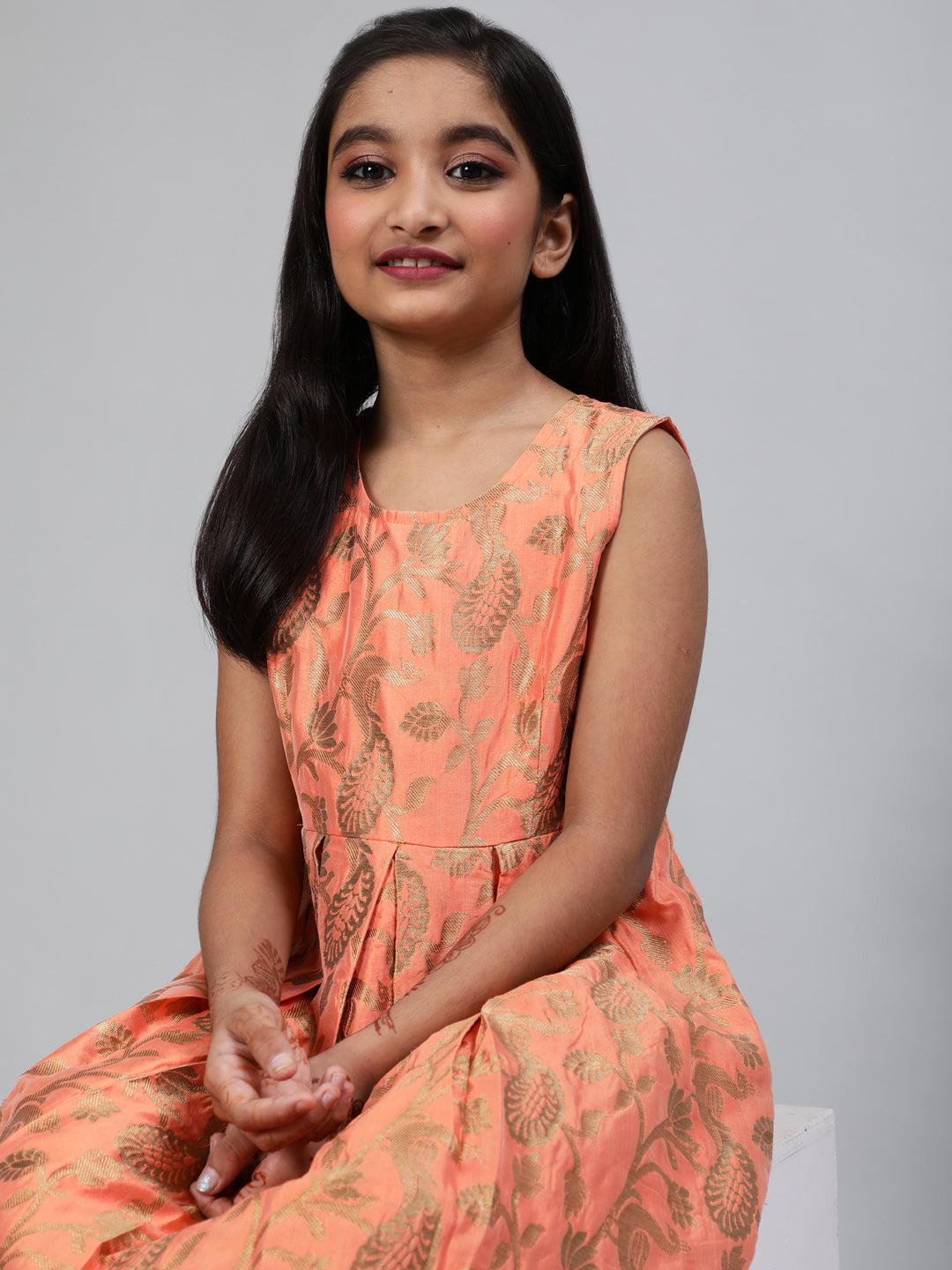 Peach Brocade Pleated Dress - Elganza