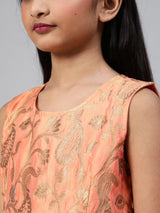 Peach Brocade Pleated Dress - Elganza
