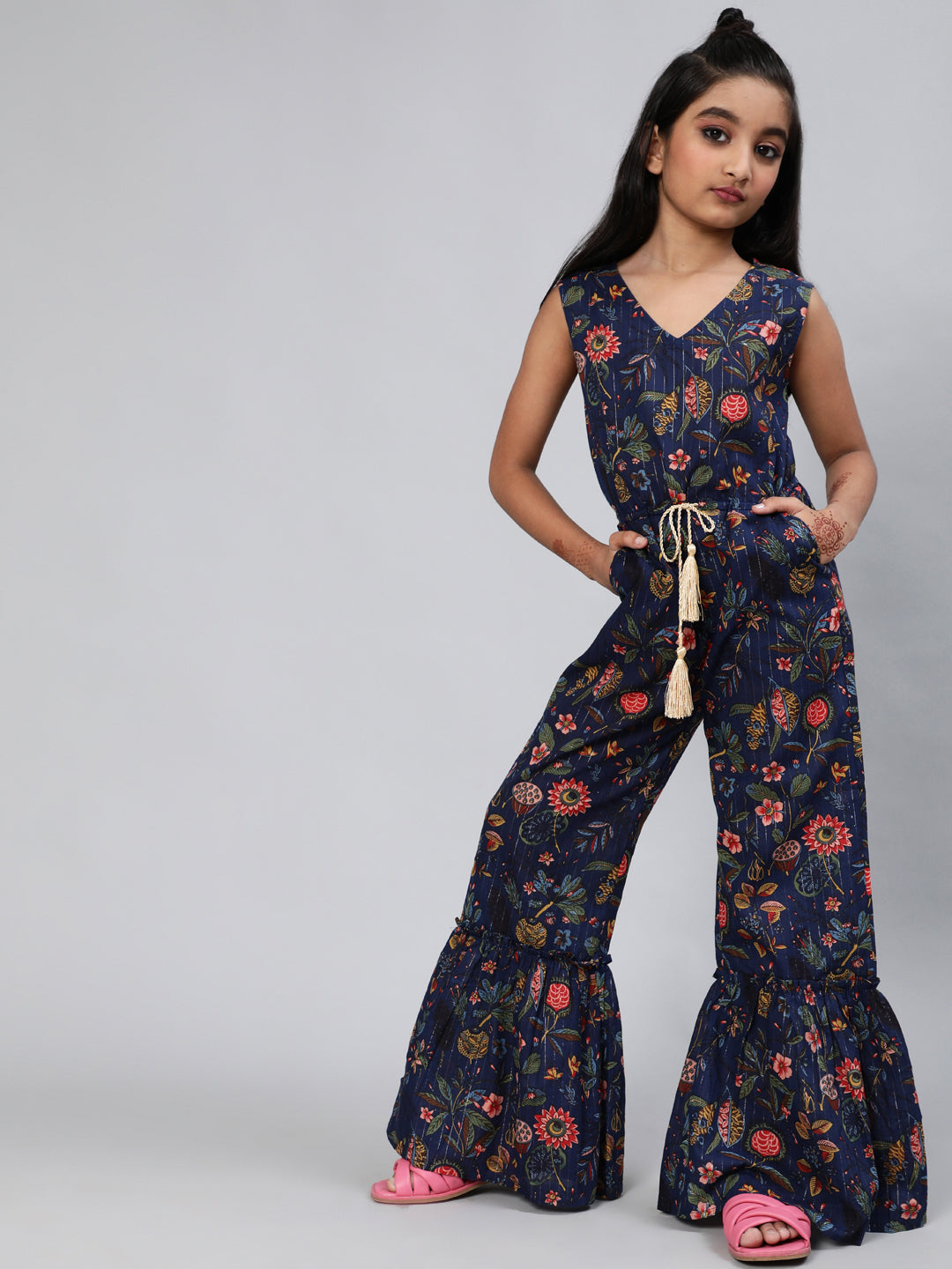Navy Blue Floral Print Jumpsuit