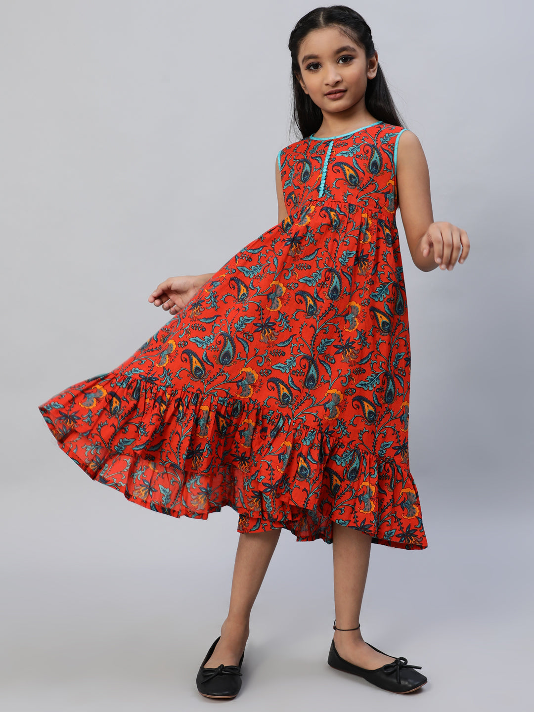 Orange Floral Print A-Line Dress