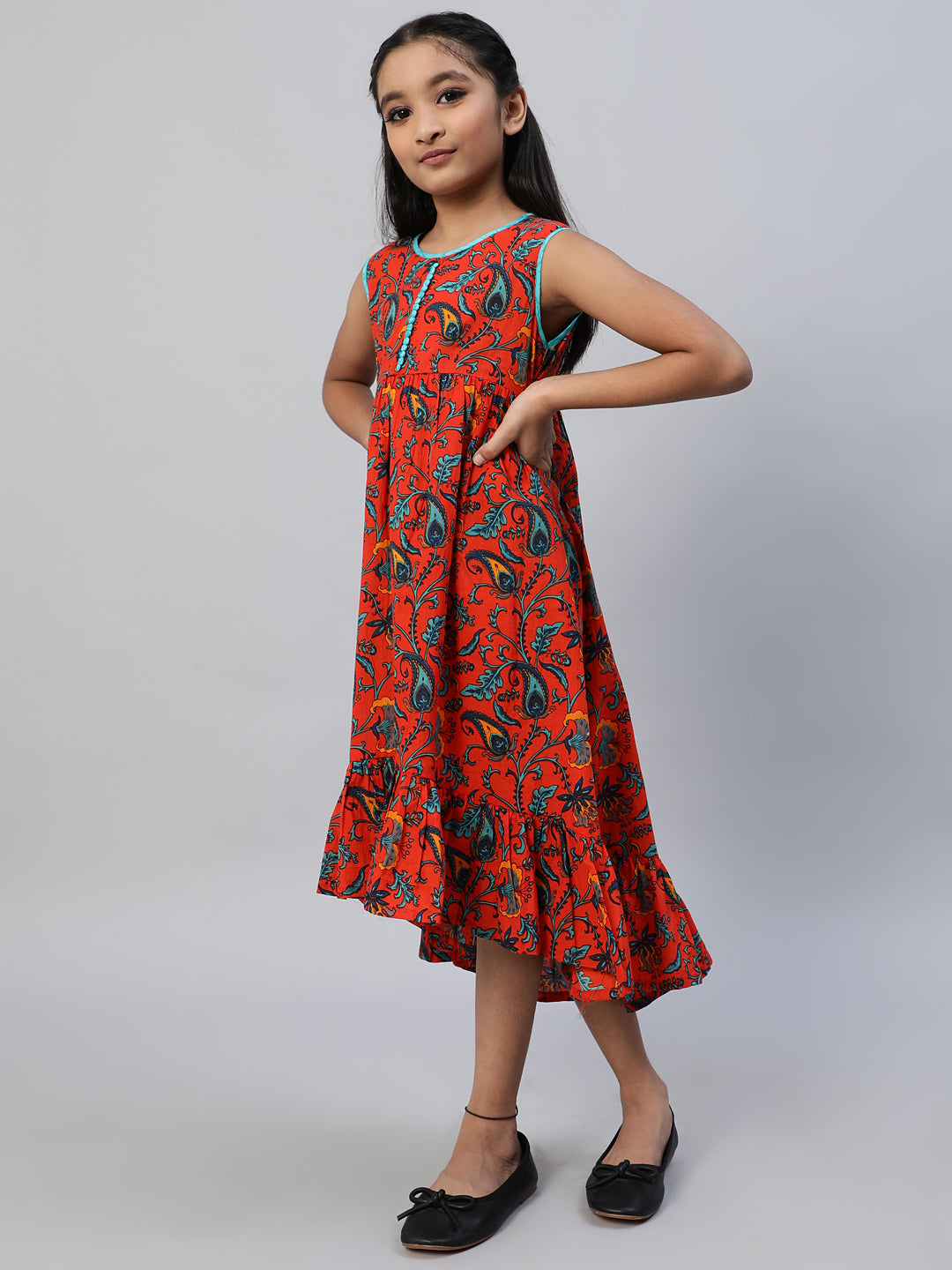 Orange Floral Print A-Line Dress