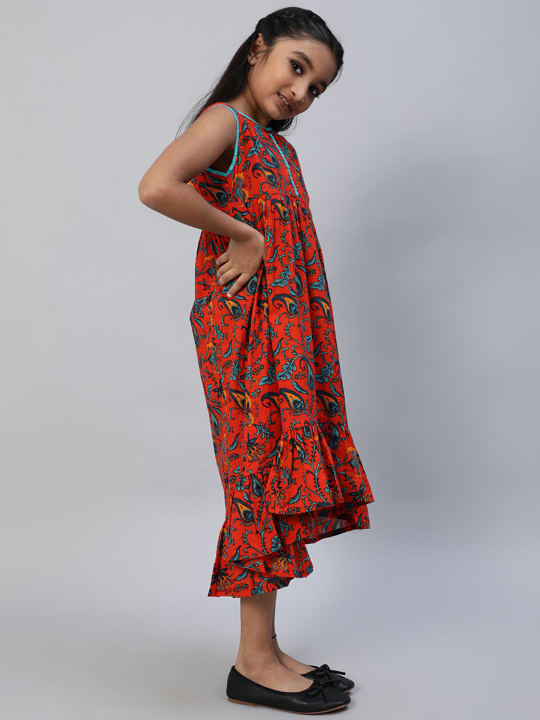 Orange Floral Print A-Line Dress