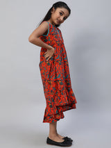 Orange Floral Print A-Line Dress