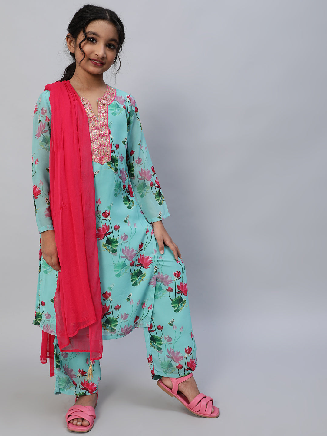Blue Floral Print Kurta Palazzo With Dupatta
